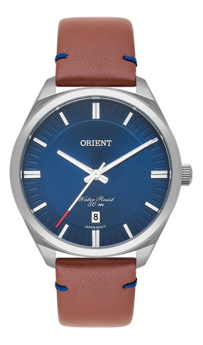 Relógio Orient Masculino Mbsc1040 D1nd Azul Couro Marrom Cor do bisel Prata