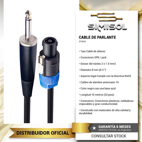 Cable Para Parlante Speakon Plug - 10 Metros Stagg Ssp10sp15