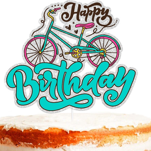 Happy Birthday Green Glitter Bicycle Biking Bike Cake Topper