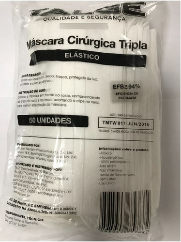 Mascara Tripla Descartável C/ Elástico  Pct Com 50 - Talge