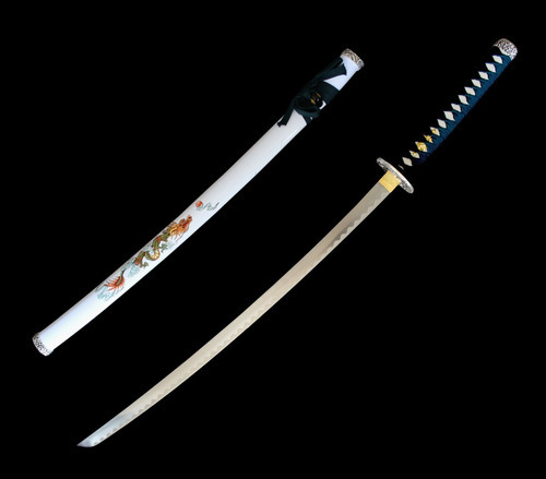 Katana Não Afiada Branca Dragao Tsuba E Bainha Com Suporte