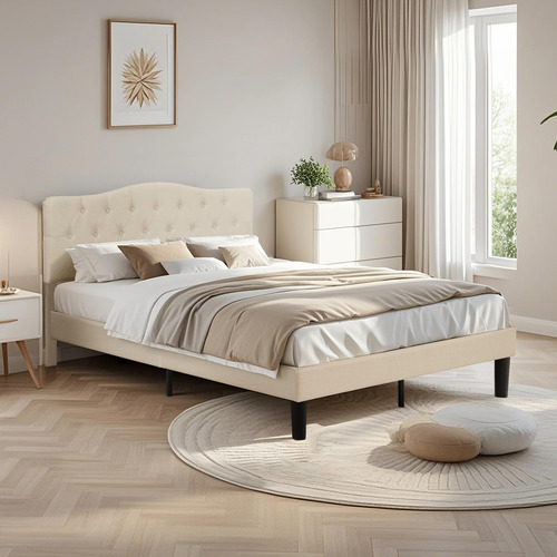 Base De Cama Queen Con Cabecera Tapizada Color Beige