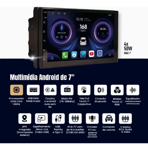 Multimídia 7 Pols Roadstar Rs-719 Br Carplay Android Auto