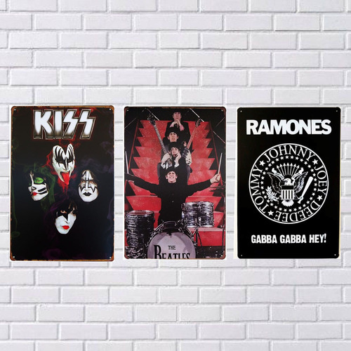 3 Placas Metal Ramones Beatles Kiss Quadros Decorativo Retro