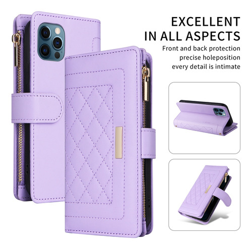 Funda Para Samsung Galaxy Ling Con Estampado De Cuadrícula, Tarjetero, Tres En Uno, Portátil, Multifuncional, Morado