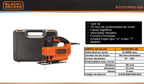 Sierra Caladora Black + Decker 4 Etapas 550w 220v + Maletín