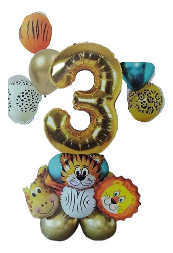 Kit Deco Feliz Cumple Animales Safari+numero 3 De 80cm+latex