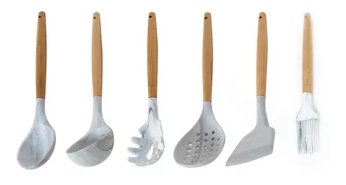 Set X12 Kit Utensilios De Cocina Mango Madera Punta Silicona