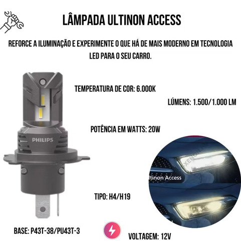 Par Lâmpada Led Philips Ultinon Access H4 H19 6000k Nano 1:1