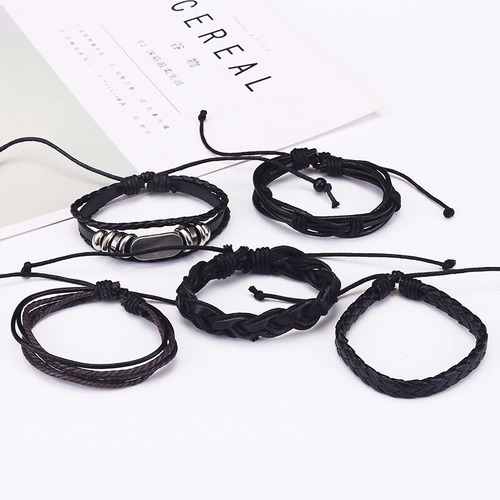 Conjunto Pulsera Brazalete Hombre Moda Cuero 5 En 1 Dije