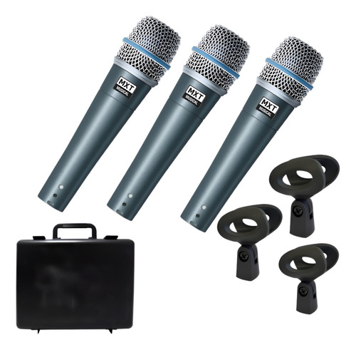 Kit 3 Microfone Dinamico Mxt Btm 57a + Cabos E Cachimbo Cor Cinza