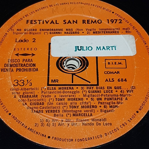 Sin Tapa Disco Festival San Remo 1972 Cp0