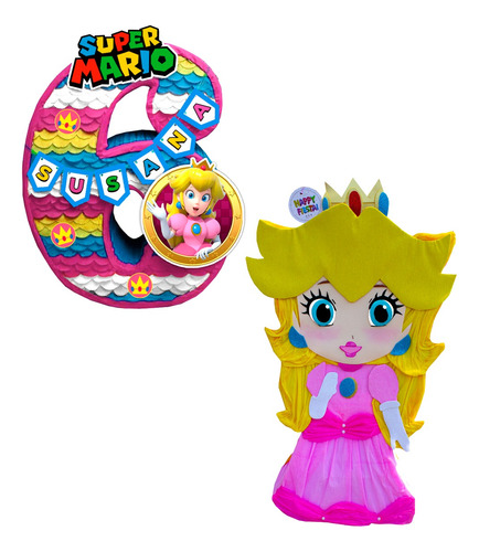 2 Piñatas Princesa Peach + Número A Elegir 80 Cm Decoración