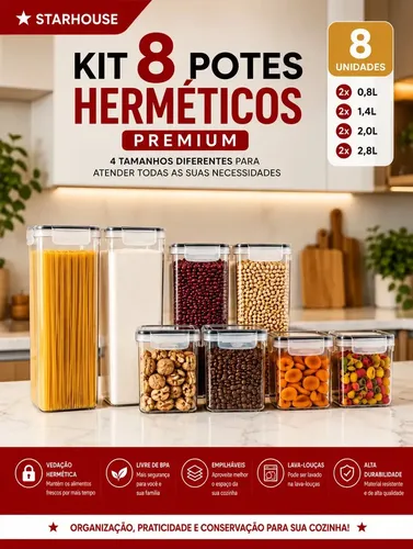 Starhouse Kit 8 Potes Hermético Starhouse Mantimentos Quadrado Cozinha Super Veda