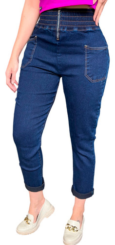 Calça Jeans Mom Compressora Modeladora Cós Largo Bolso Lycra