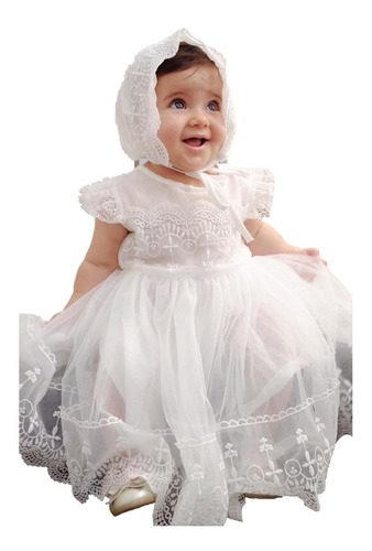 Imagem 1 de 9 de Vestido Branco P/ Bebês Com Touca P/ Batizados Ou Reveillon
