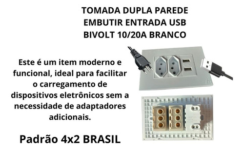 Kit C/2 Tomada 10/20 Ampêres Modular Dupla 2 Usb Carregador Branco