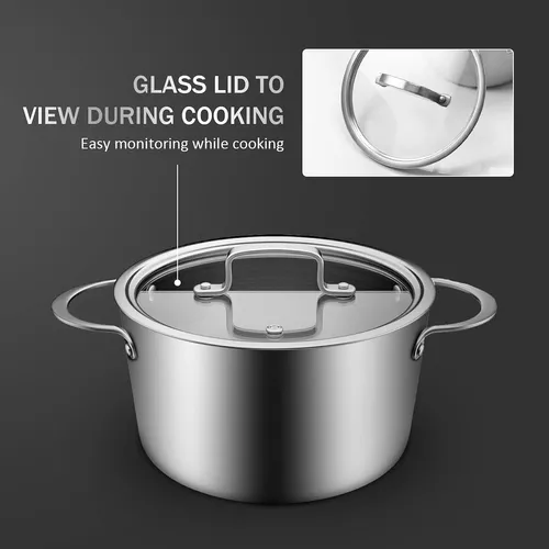  Olla de inducción de acero inoxidable con tapa de vidrio de 3  cuartos de galón, 7.9 pulgadas, compatible con todas las fuentes de calor,  resistente al horno, apta para lavavajillas, olla