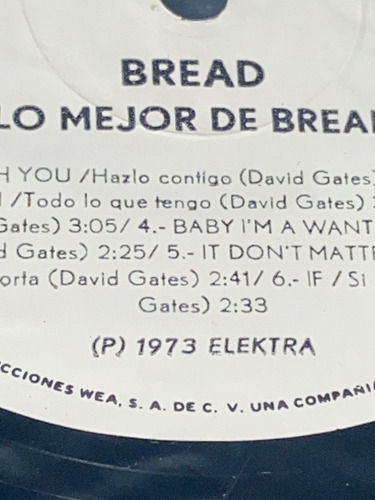 Disco Lp Lo Mejor De Bread Elektra Récords, Mexico 1973 Estándar (Usado)
