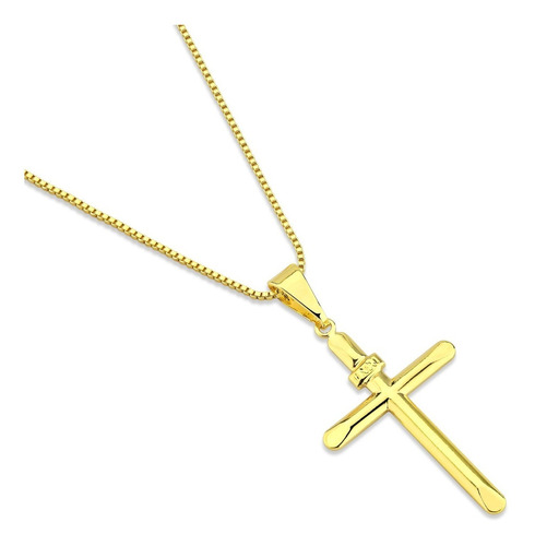 Colar Corrente Cruz Folheado Crucifixo Banhado A Ouro 60cm 