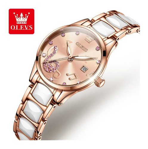 Relógio de pulso Olevs 3605 com corpo rosê gold,  analogica, para feminino, fundo  rosa, com correia de ceramic/stainless steel cor e borboleta