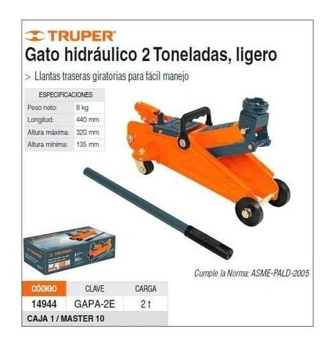 Gata Hidraulica Tipo Patin 2 Ton. Truper 14944