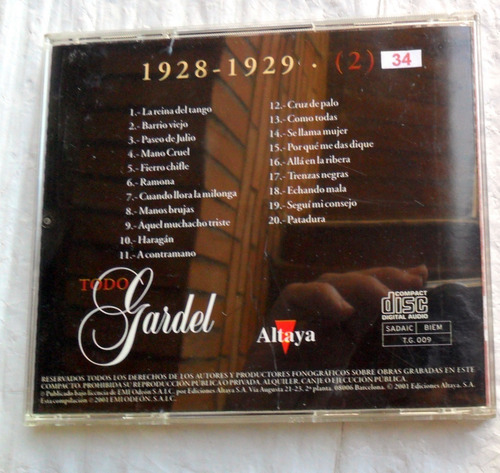 Todo Carlos Gardel : 20 Temas 1928/29 * Cd Spain Impecable (Usado)
