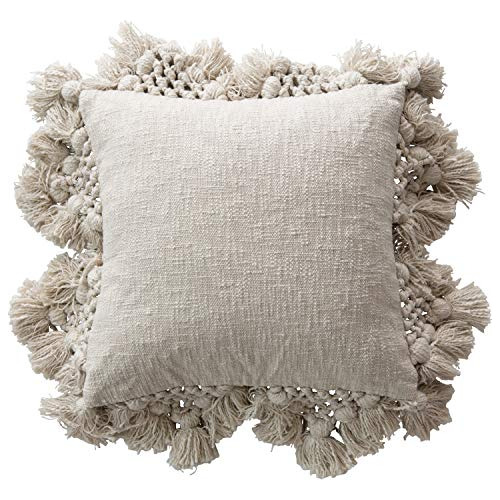 Almohada De Algodón Slub Ganchillo Y Borlas, Crema