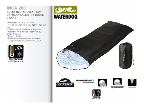 Imagen 3 de 6 de Bolsa De Dormir Waterdog Inca 200 Camping Termica 0° Capucha