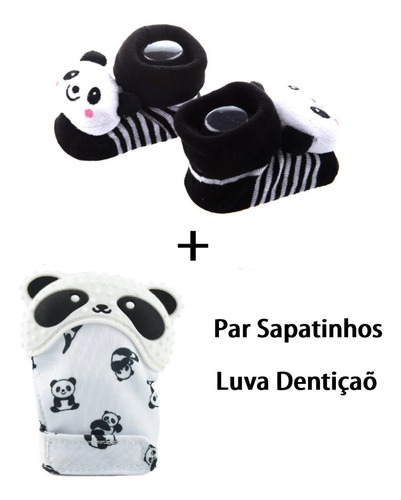 Par De Sapatinhos Panda Meia Bebê Neném + 1 Luva Mordedor