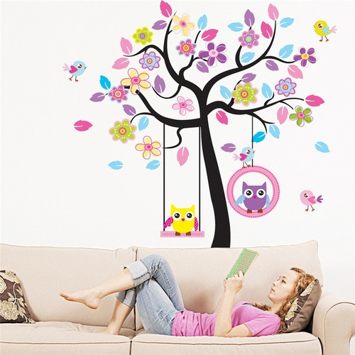 Imagen 3 de 7 de Vinilo Decor Sticker Arte Niño Pared - Arbol Buhos Color