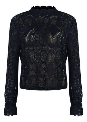 Blusa Transparente De Encaje Con Cuello Alto Y Manga Larga P