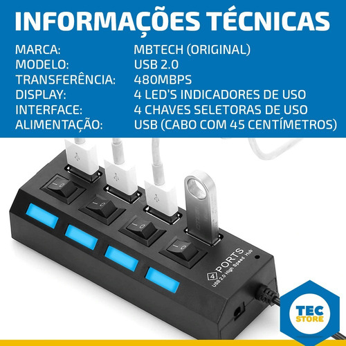 Imagem 7 de 10 de Hub Usb 4 Portas Carregador Adaptador Led Chave Seletora 2.0