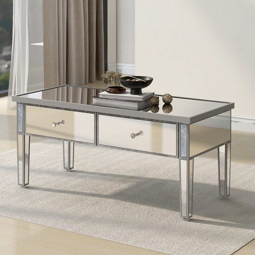 Mesa De Centro De Cristal Con Espejo Rectangular Con 2 Cajon