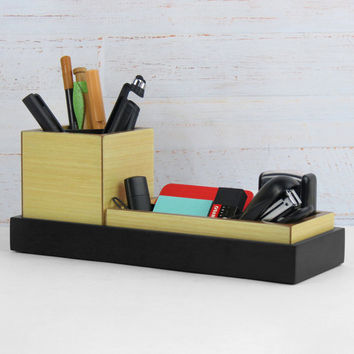 Kit Organizador De Mesa Para Escritório Porta Lápis Madeira Cor Eos - Preto