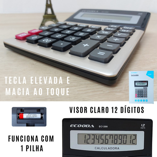 Ecooda EC1200 Calculadora 12 Dígitos Mesa/escritório/escolar Cor Preto