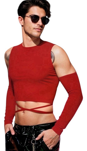 Crop Top Hombros Descubiertos Cintas En El Abdomen Hombre