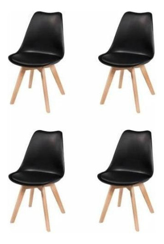 Kit 4 Cadeiras Charles Eames Leda Design Wood Estofada Preta