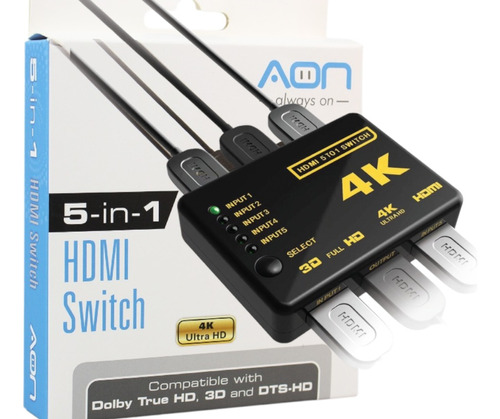 Splitter Hdmi Switch 5 En 1 4k Ultra Hd Marca Aon Calidad