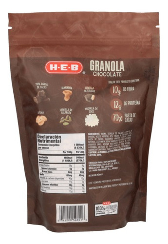 Bolsa De Granola Chocolate Heb De 340 G C/u