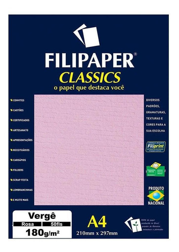 Papel Vergê A4 Filipaper Classics 180g 50 Folhas Rosa