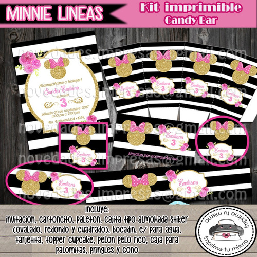 Kit Imprimible Invitacion Candy Bar Minnie Lineas