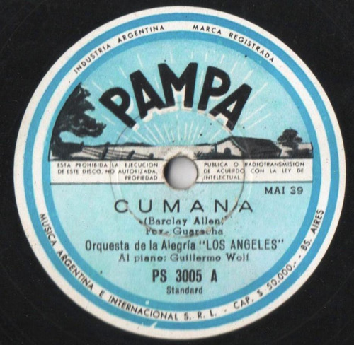 Disco Pasta 78 Rpm Orq. De La Alegría Los Angeles Sr. Colón