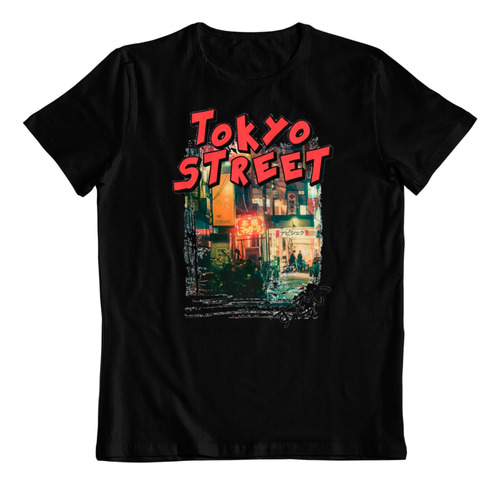 Polera Negra Dtf Algodon Tokyo Street Ilustracion Arte 