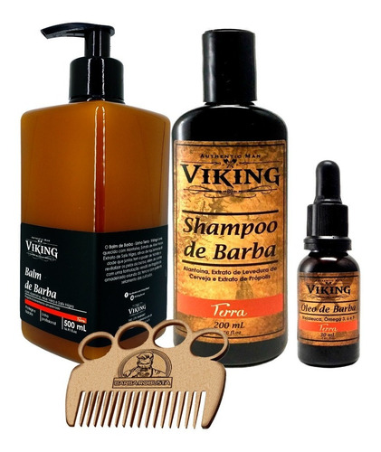 Imagem 1 de 6 de Kit Cuidados Barba  Óleo, Shampoo E Balm 500 Ml Pente Viking