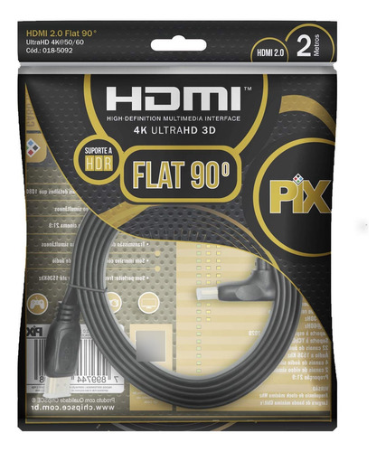 Cabo Hdmi 2.0 90 Graus 4k Hdr 19p 2m Pix Flat Gold, Preto