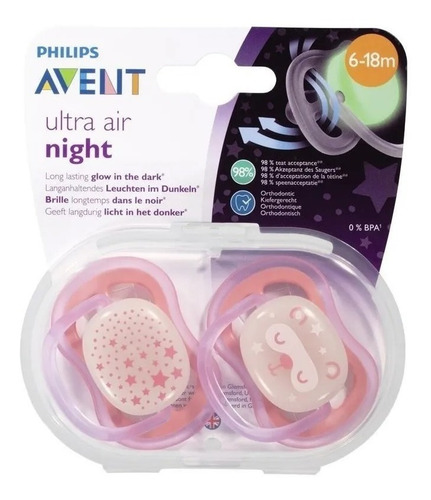 Imagen 2 de 6 de Chupetes Avent Ultra Air Night 6-18 M X2 Scf376/22