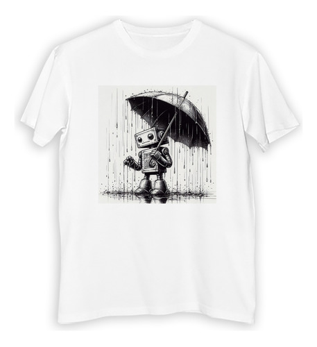 Remera Hombre Robot Paraguas Lluvia Dibujo Rain Walk M2