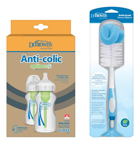 Set Biberones Dr Browns Ancho 9oz Vidrio + Cepillo Limpiador