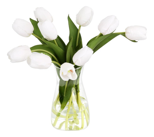 Jarrón De Cristal Moderno Con 10 Flores Artificiales De Seda